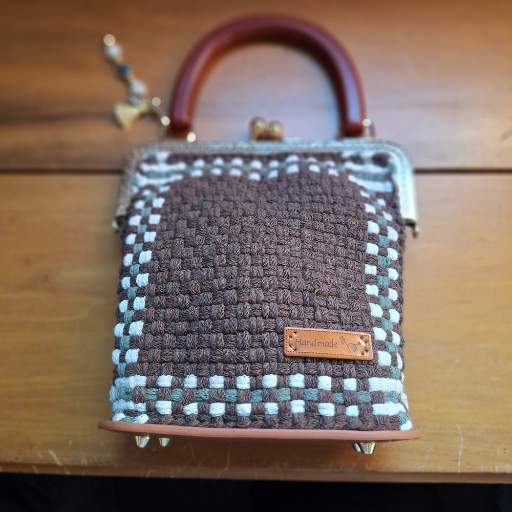 Brown Woven Top-Handle Bag with Cream & Green Trim - Picture 3 of 9